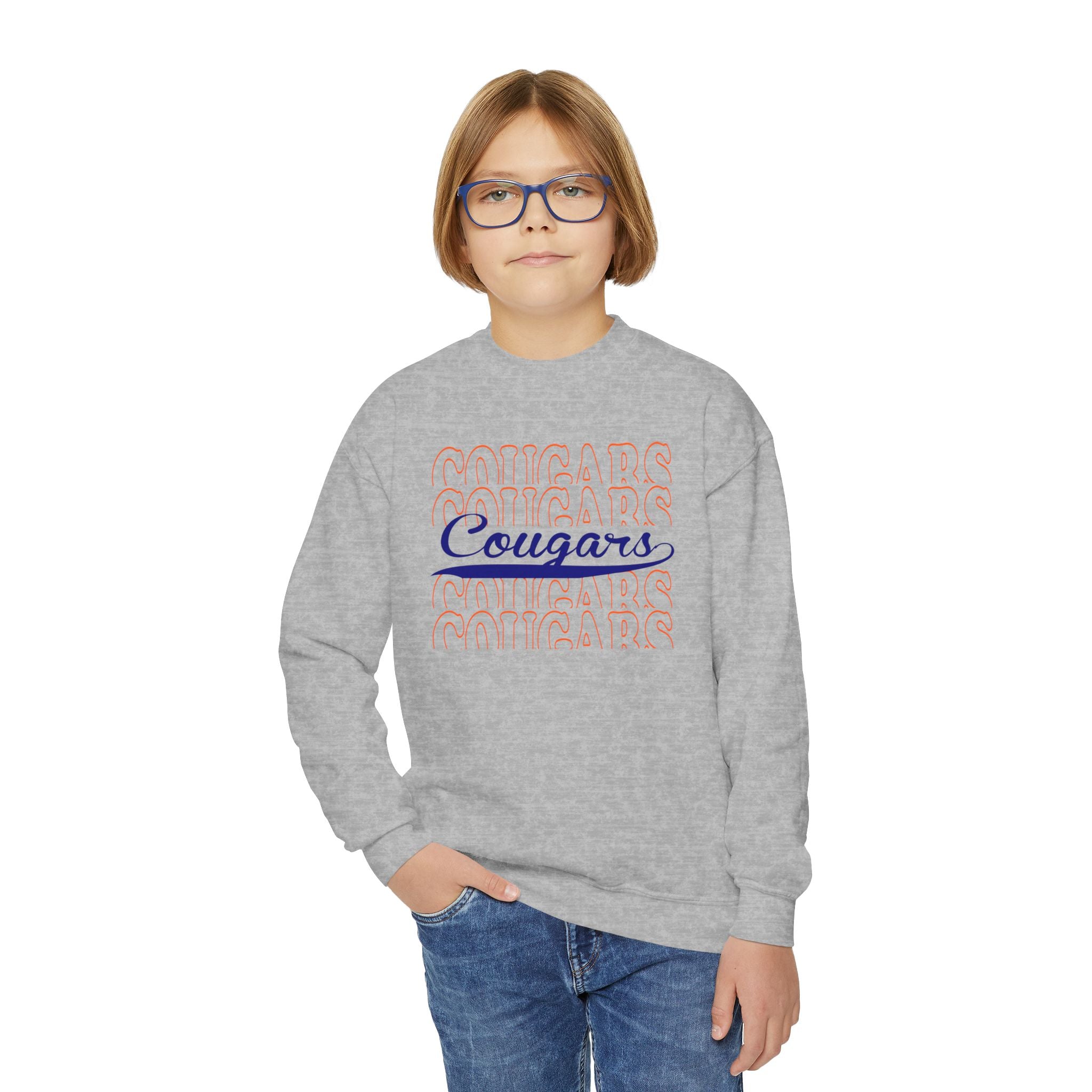 Youth Cougars Crewneck Sweatshirt — Retro Script School Team Pullover