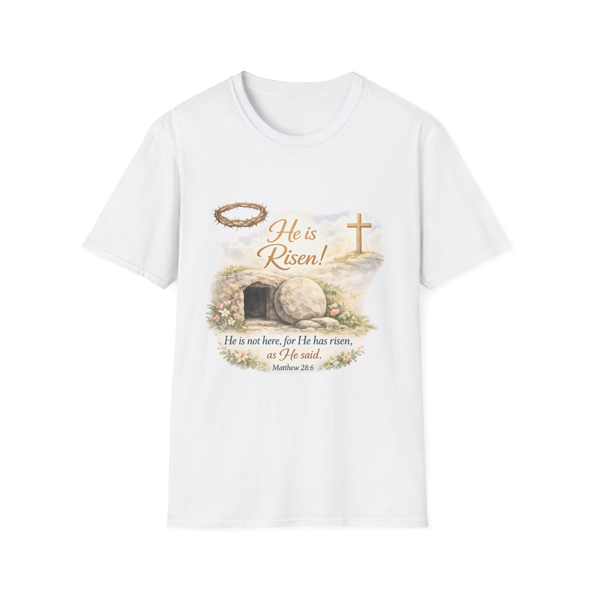 He Is Risen T-Shirt — Christian Easter Resurrection Tee with Matthew 28:6