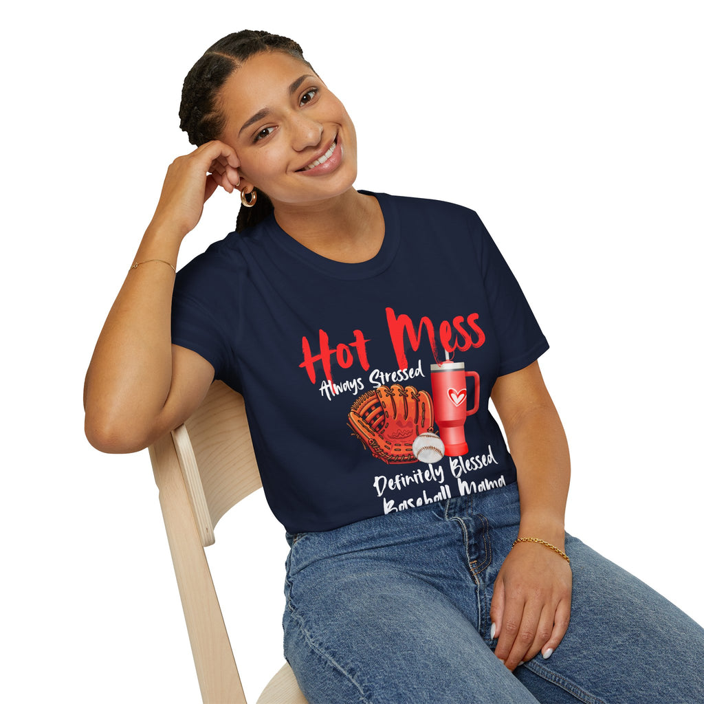 Hot Mess Baseball Mama T-Shirt — “Hot Mess, Definitely Blessed” Graphic Tee