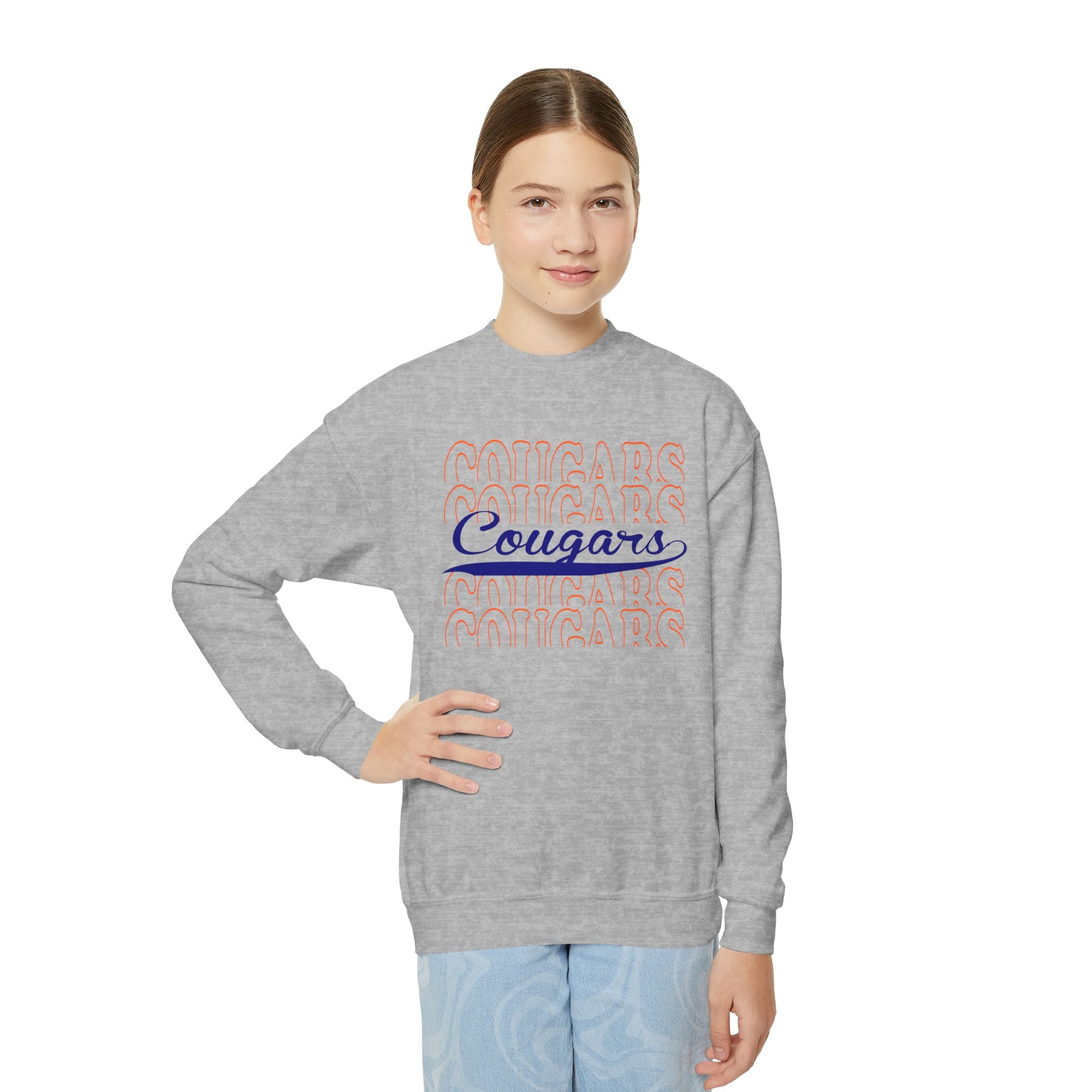 Youth Cougars Crewneck Sweatshirt — Retro Script School Team Pullover