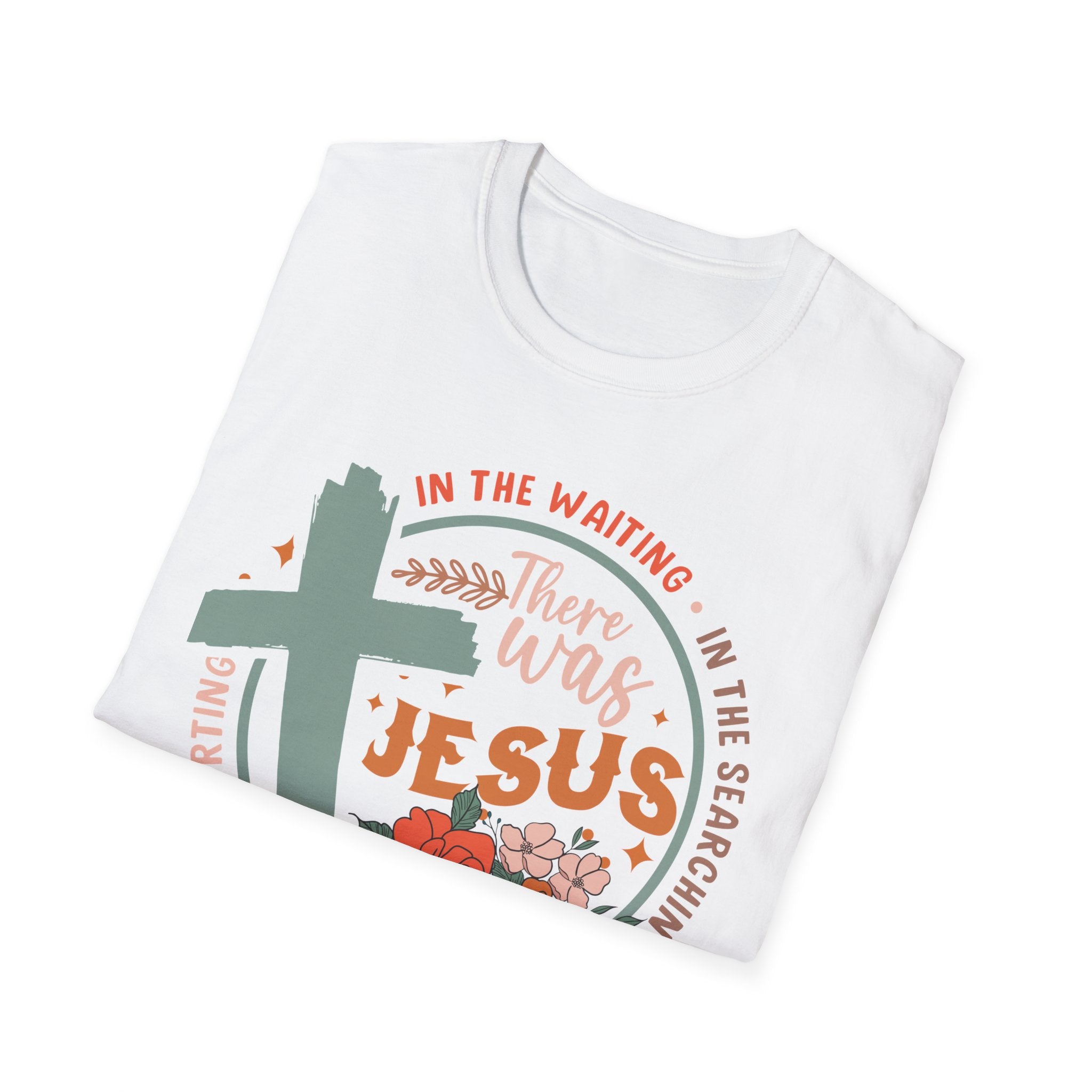 Faith T-Shirt — “In the Waiting There Was Jesus” Floral Cross Christian Tee