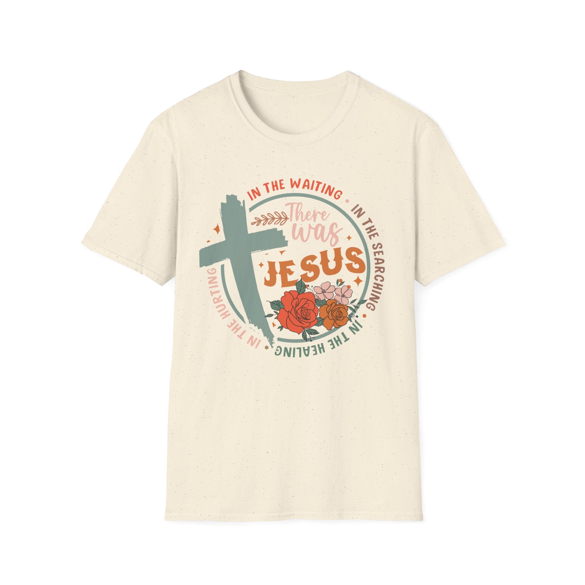 Faith T-Shirt — “In the Waiting There Was Jesus” Floral Cross Christian Tee