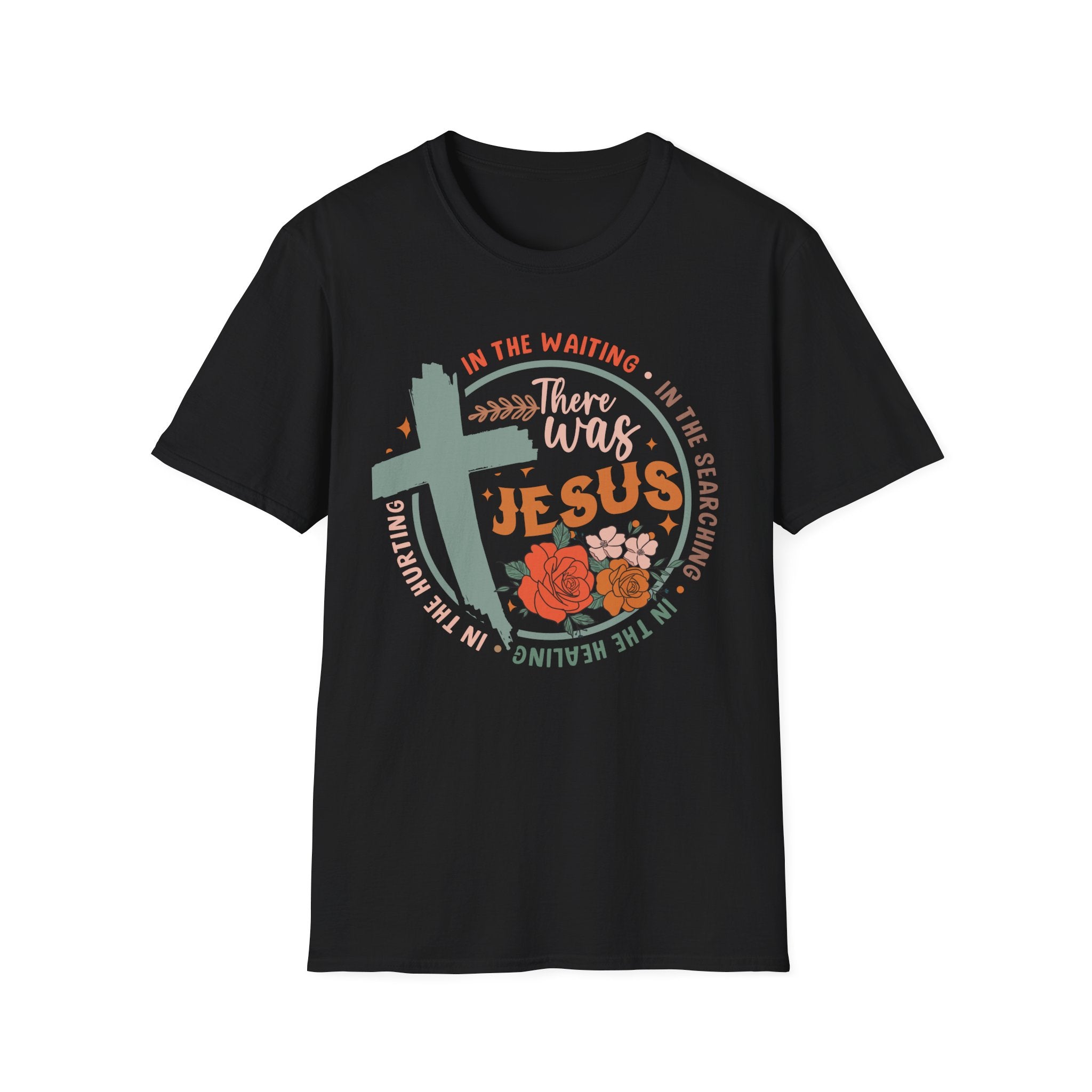 Faith T-Shirt — “In the Waiting There Was Jesus” Floral Cross Christian Tee
