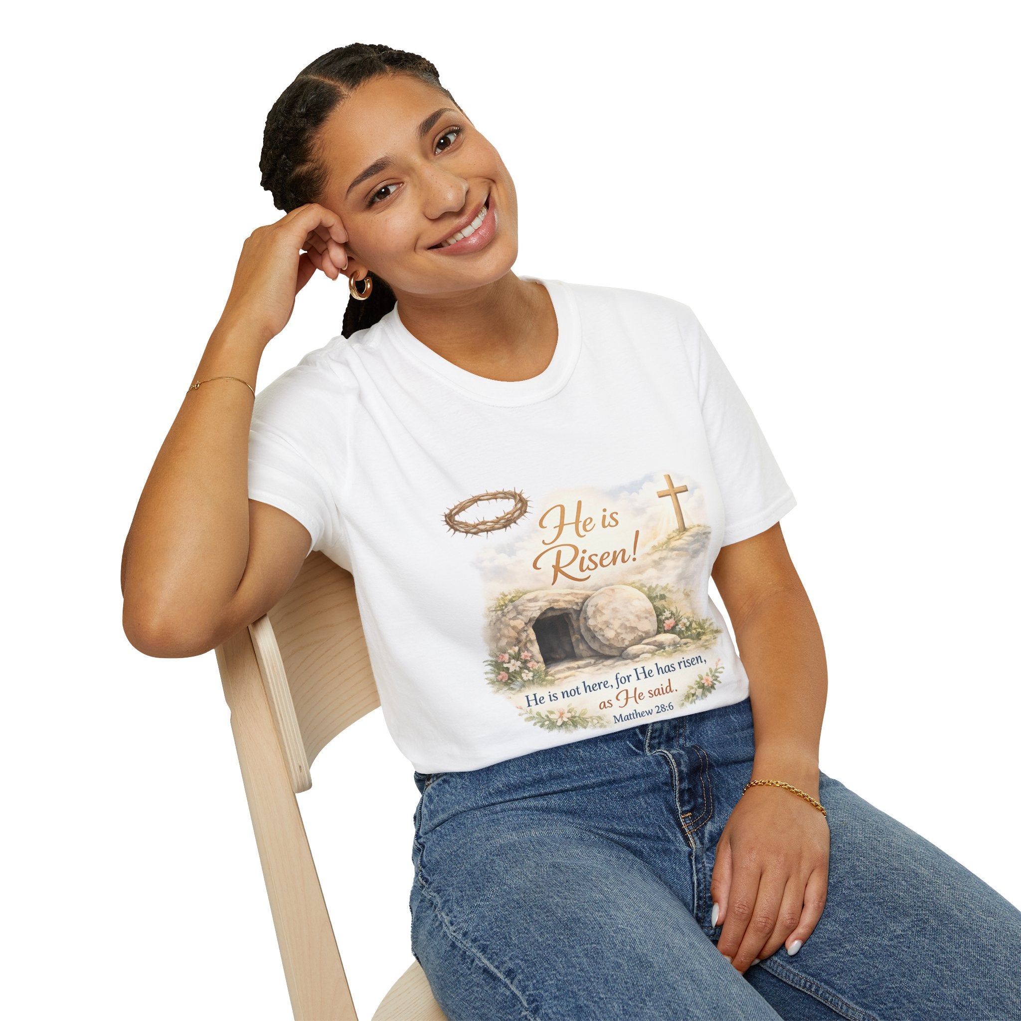 He Is Risen T-Shirt — Christian Easter Resurrection Tee with Matthew 28:6