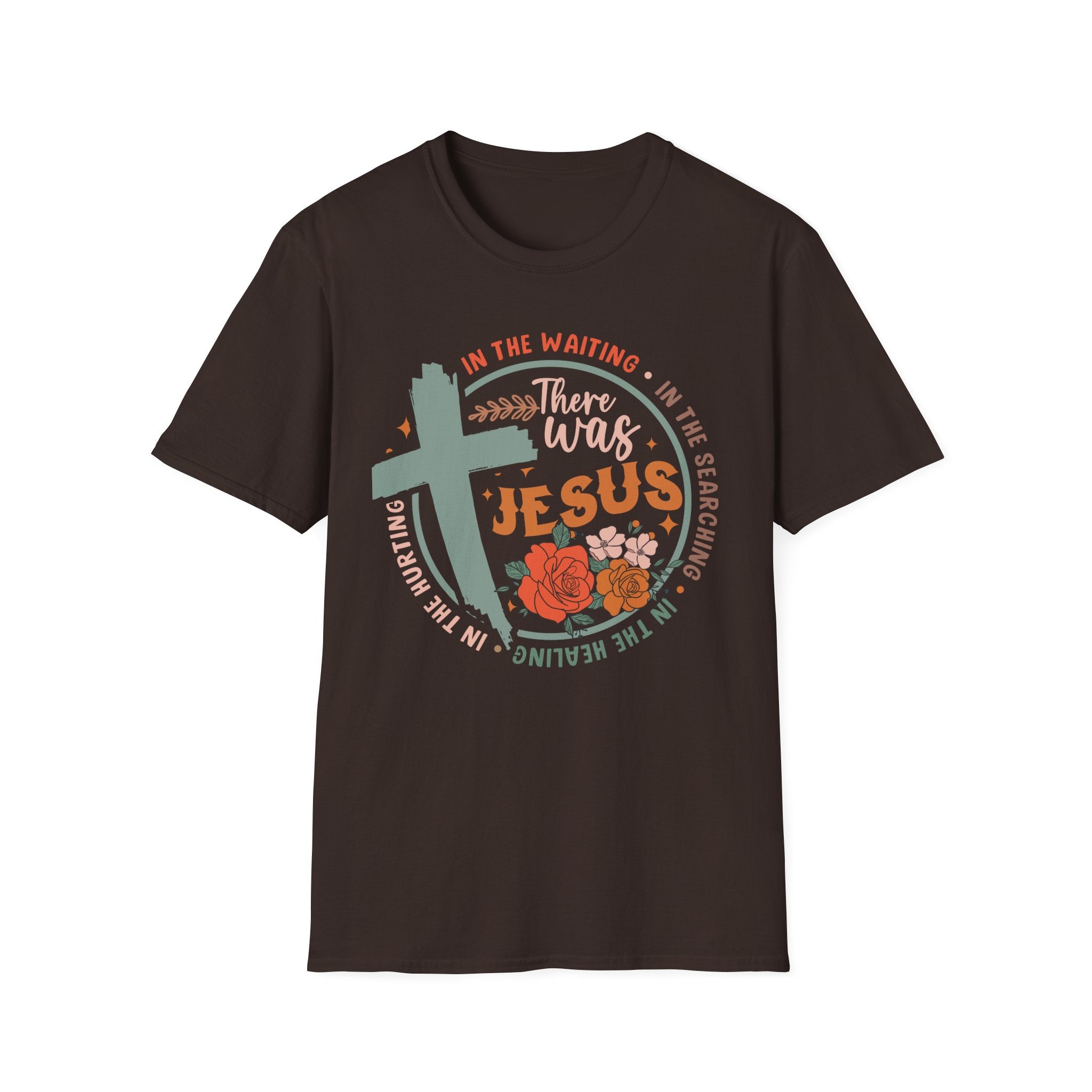 Faith T-Shirt — “In the Waiting There Was Jesus” Floral Cross Christian Tee