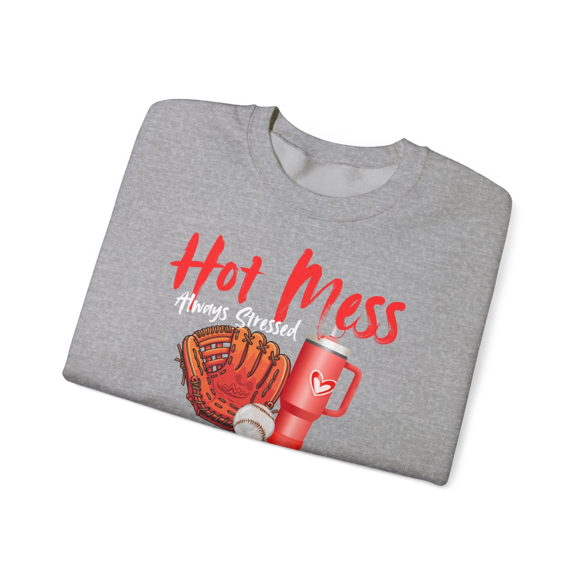 Hot Mess Baseball Mom Crewneck Sweatshirt-- Stressed and Blessed