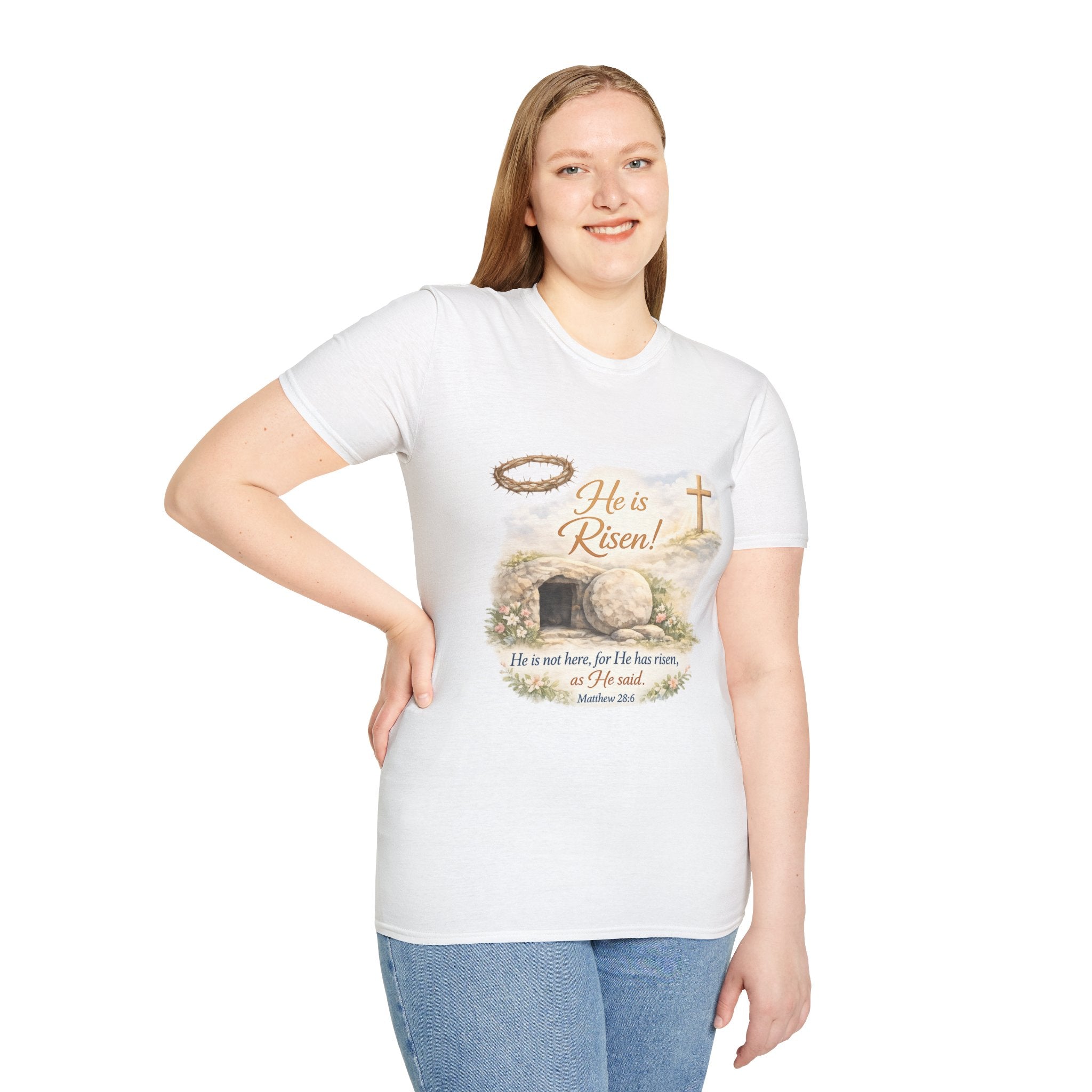 He Is Risen T-Shirt — Christian Easter Resurrection Tee with Matthew 28:6