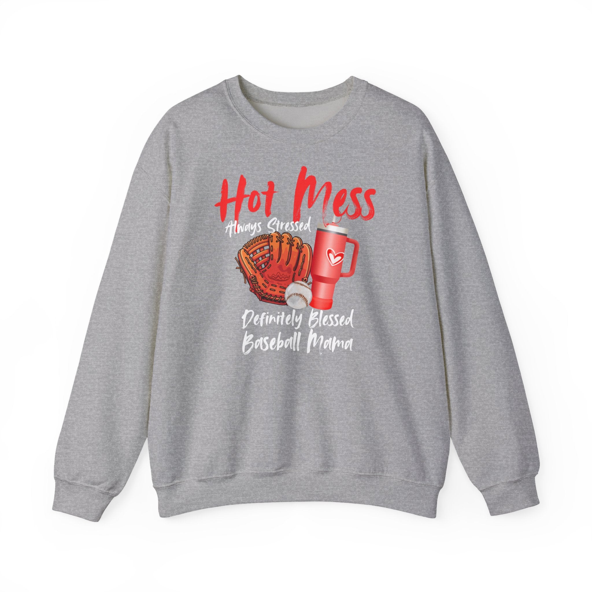 Hot Mess Baseball Mom Crewneck Sweatshirt-- Stressed and Blessed
