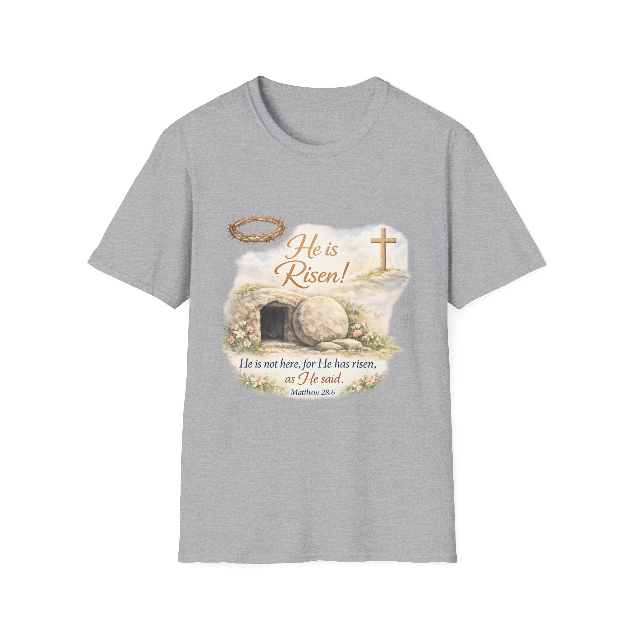 He Is Risen T-Shirt — Christian Easter Resurrection Tee with Matthew 28:6