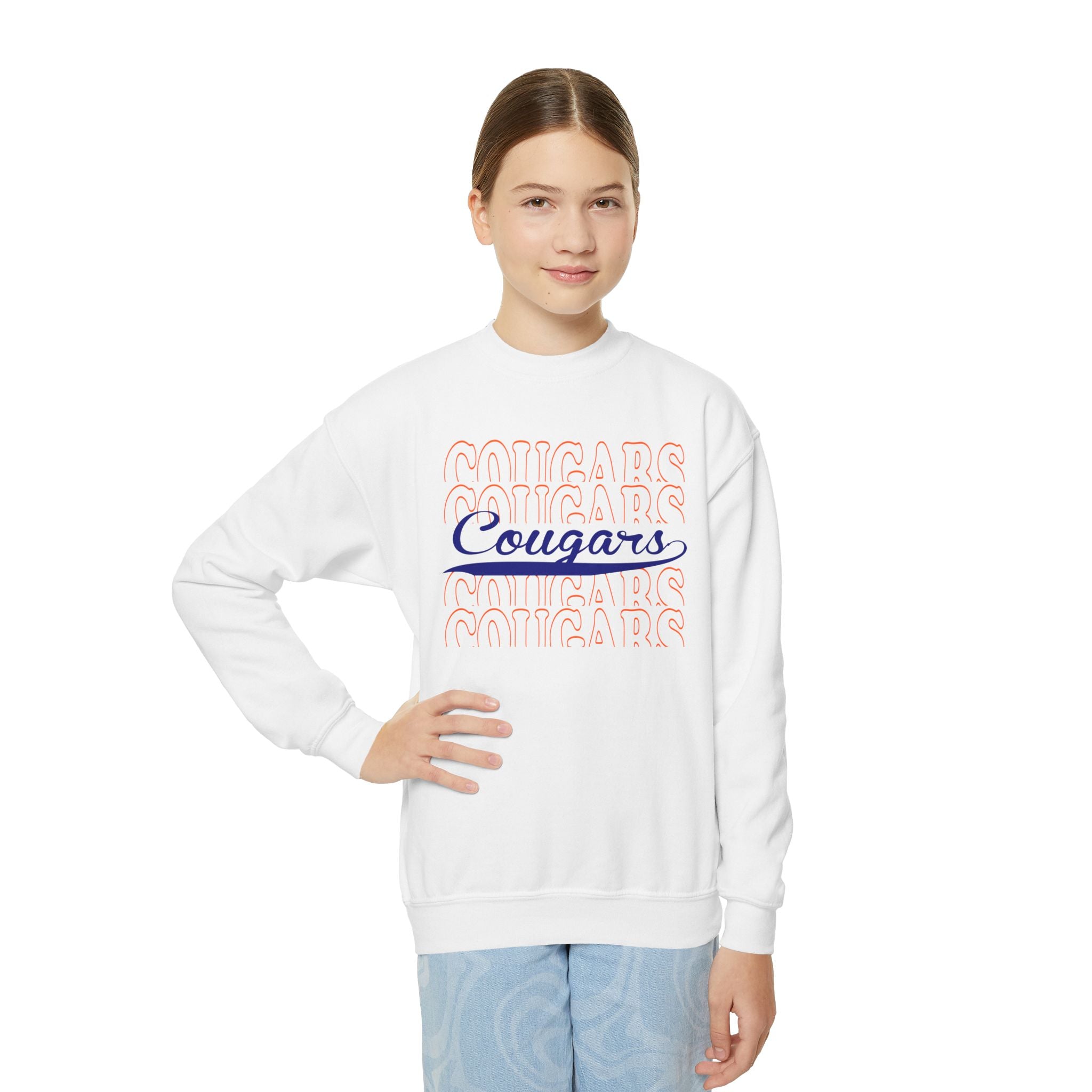 Youth Cougars Crewneck Sweatshirt — Retro Script School Team Pullover