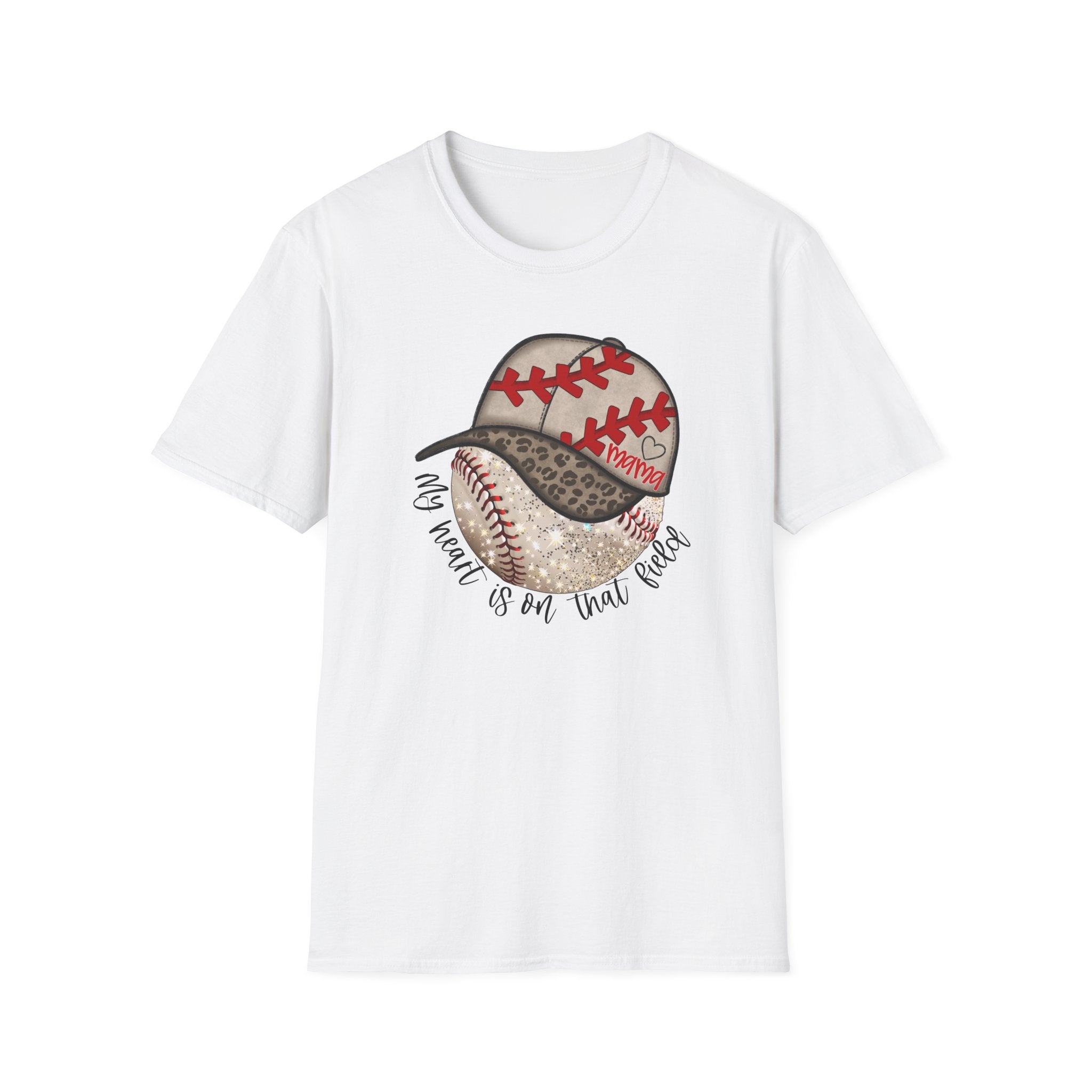 Baseball Mama T-Shirt — "My Heart Is On That Field" Leopard Print Design