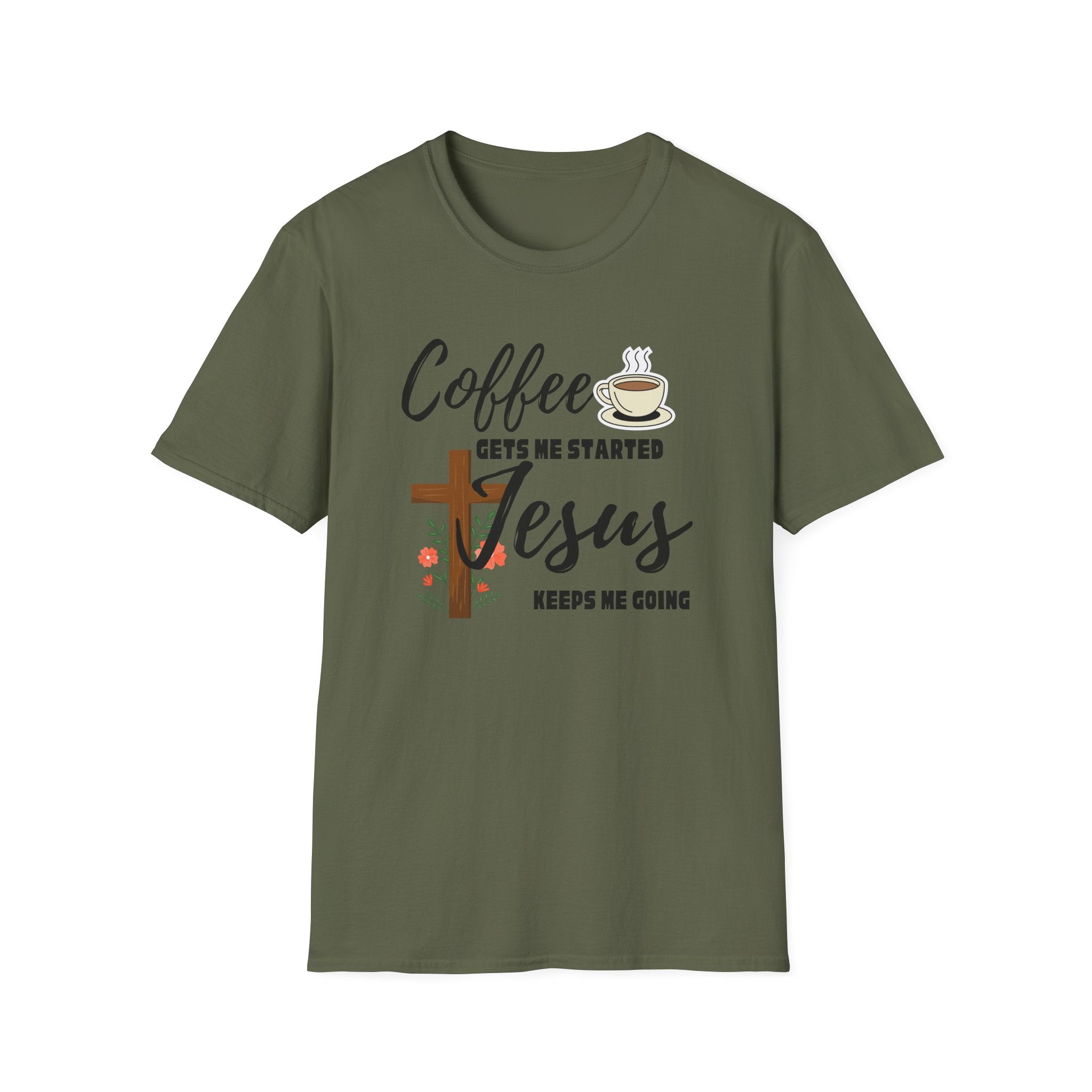 Coffee Gets Me Started, Jesus Keeps Me Going T-Shirt — Christian Coffee Tee