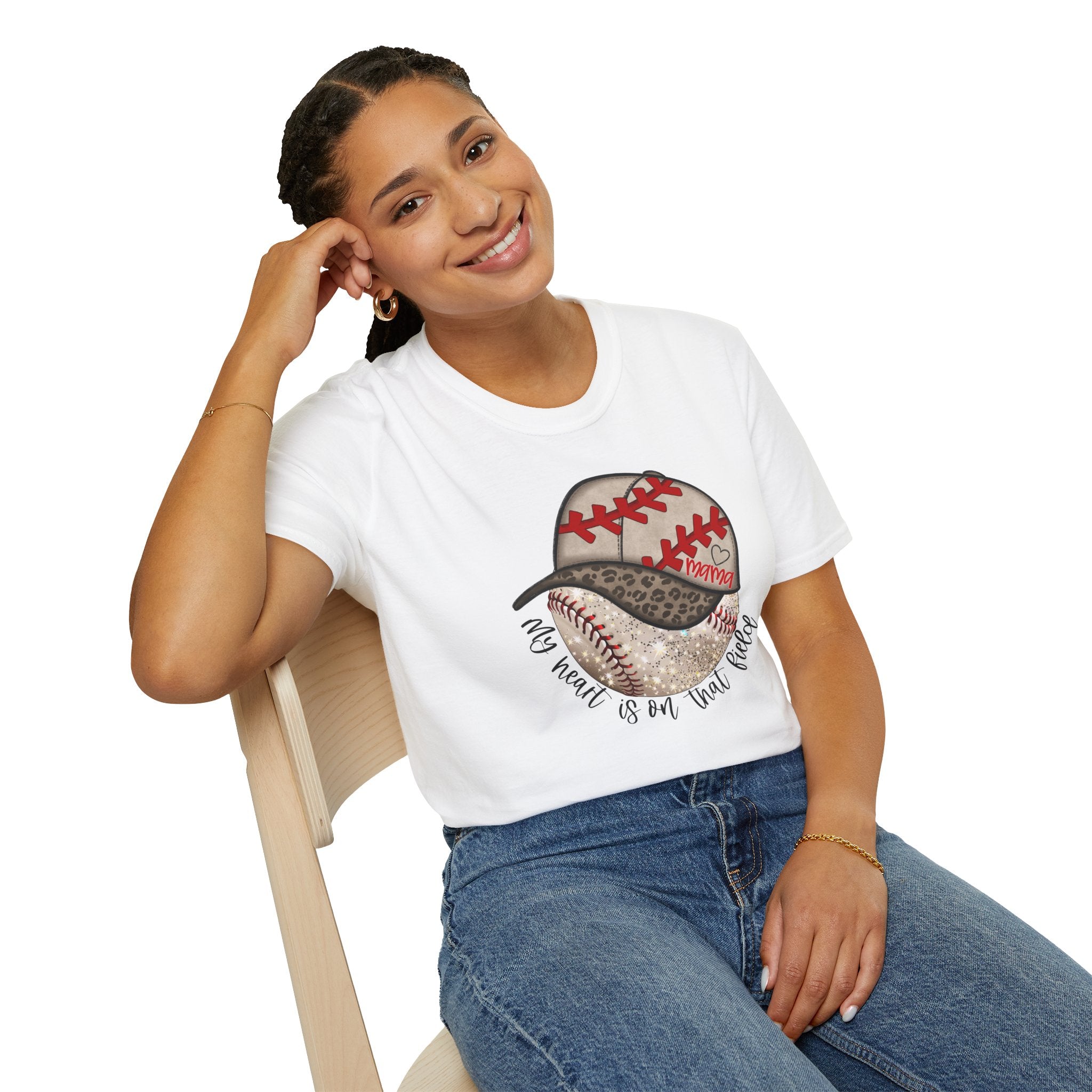 Baseball Mama T-Shirt — "My Heart Is On That Field" Leopard Print Design