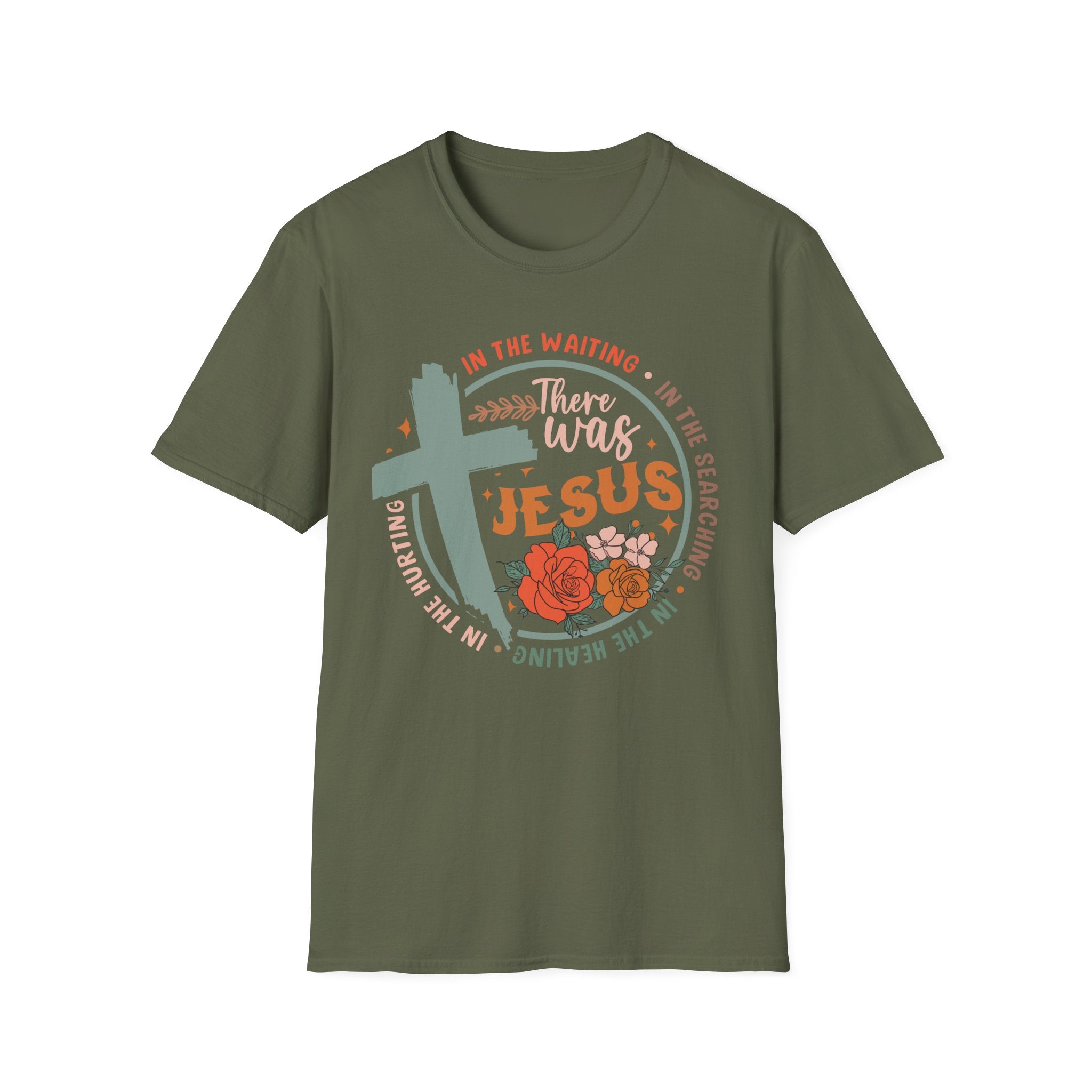 Faith T-Shirt — “In the Waiting There Was Jesus” Floral Cross Christian Tee