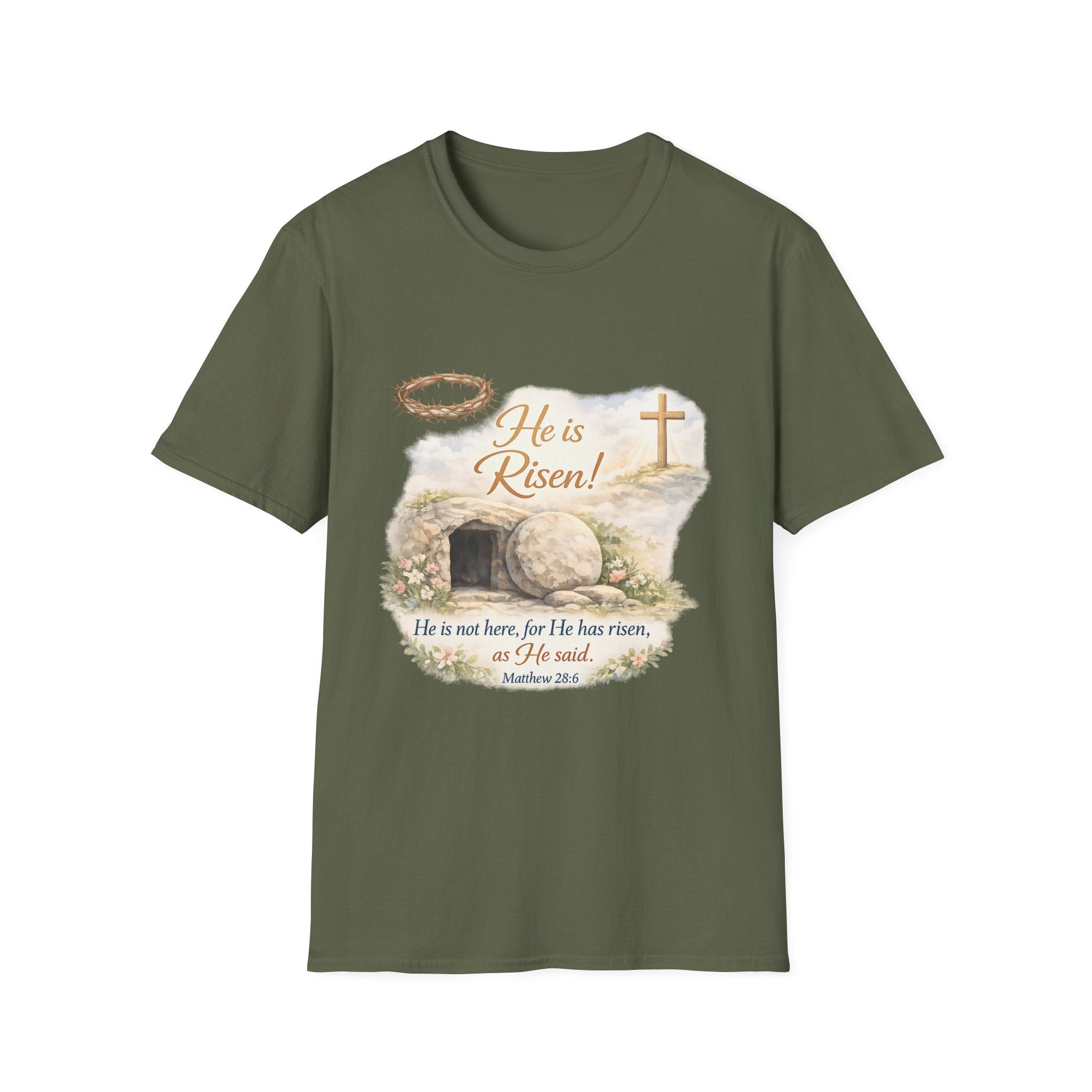 He Is Risen T-Shirt — Christian Easter Resurrection Tee with Matthew 28:6