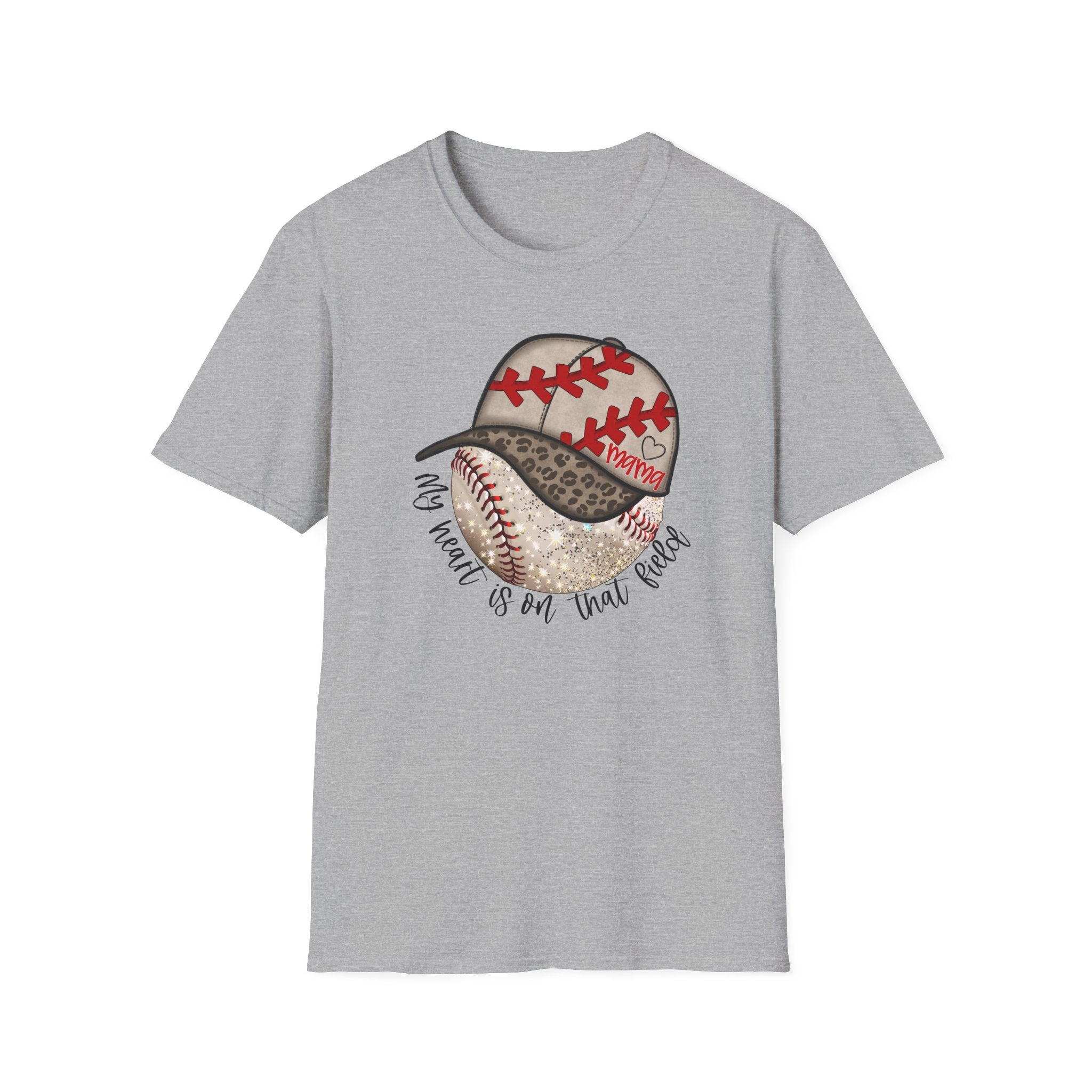 Baseball Mama T-Shirt — "My Heart Is On That Field" Leopard Print Design