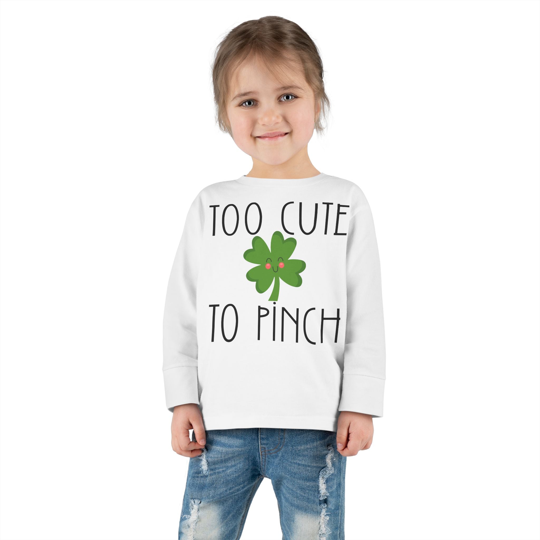 Toddler Long Sleeve Tee – "Too Cute to Pinch" Shamrock St. Patrick’s Day Shirt