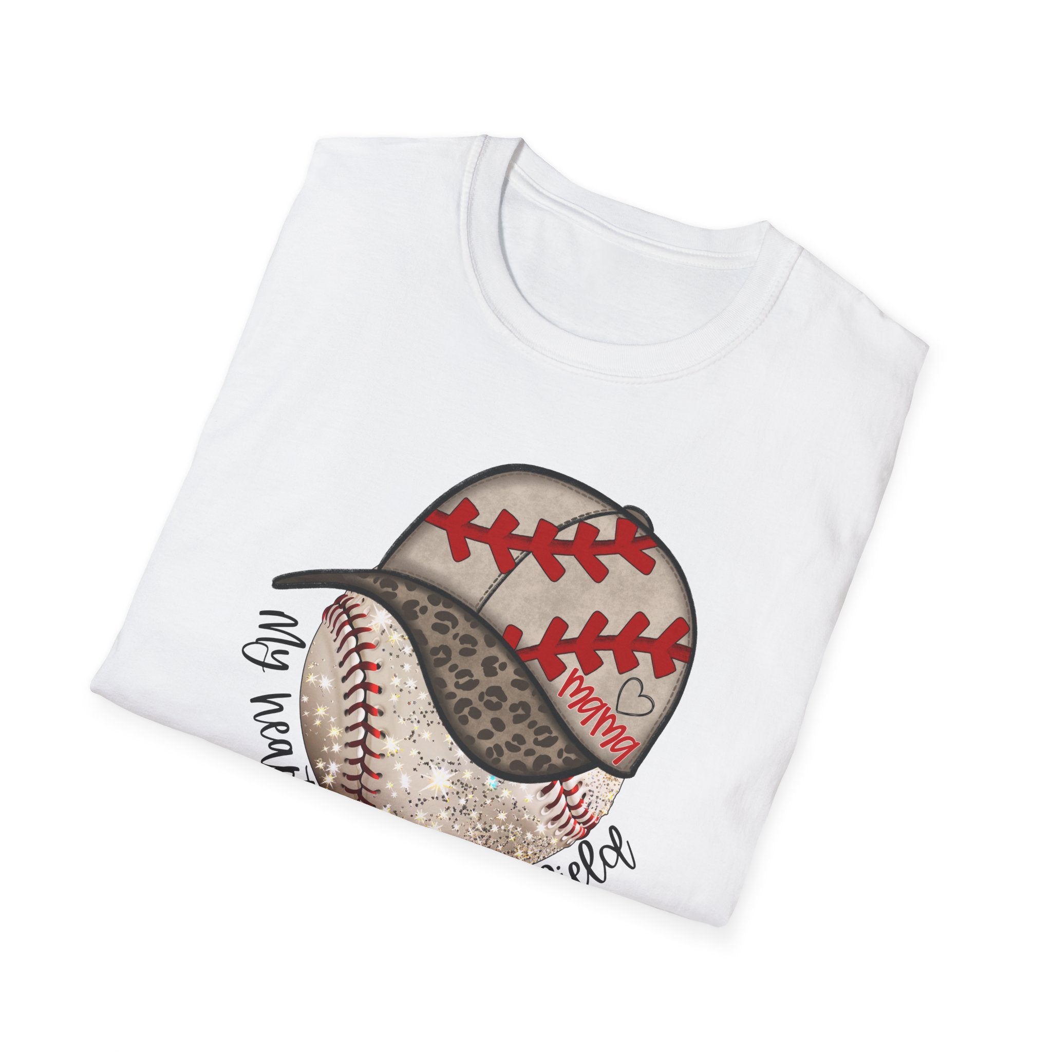 Baseball Mama T-Shirt — "My Heart Is On That Field" Leopard Print Design