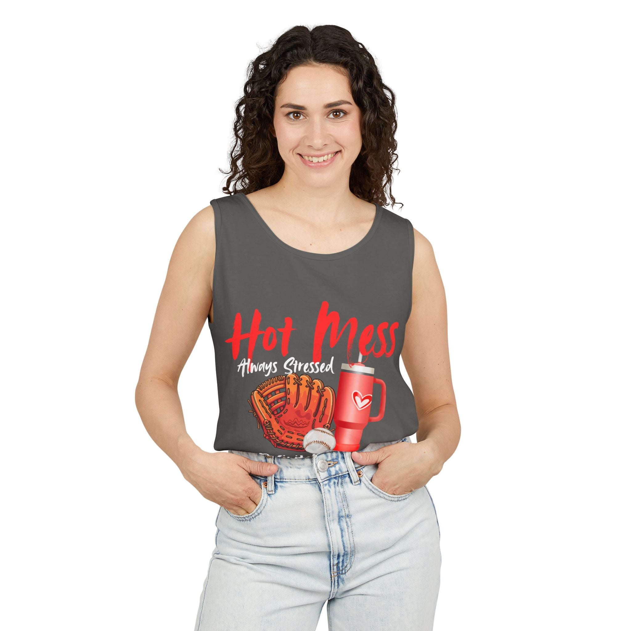 Baseball Mama Tank Top — “Hot Mess, Always Stressed, Definitely Blessed” Graphic