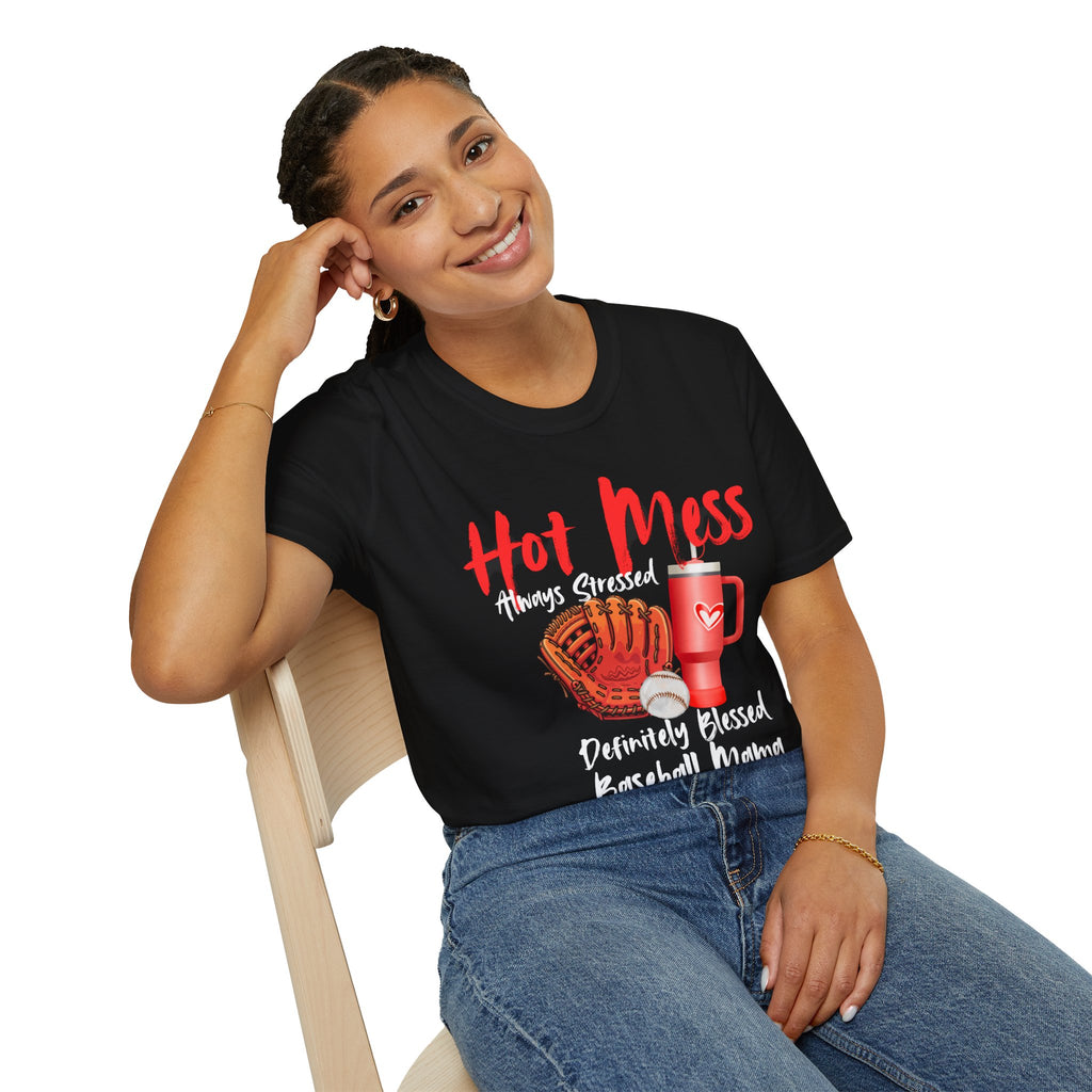 Hot Mess Baseball Mama T-Shirt — “Hot Mess, Definitely Blessed” Graphic Tee