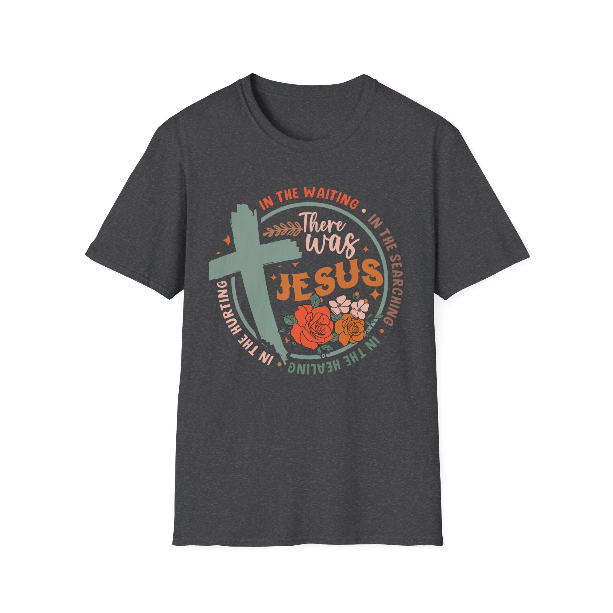 Faith T-Shirt — “In the Waiting There Was Jesus” Floral Cross Christian Tee