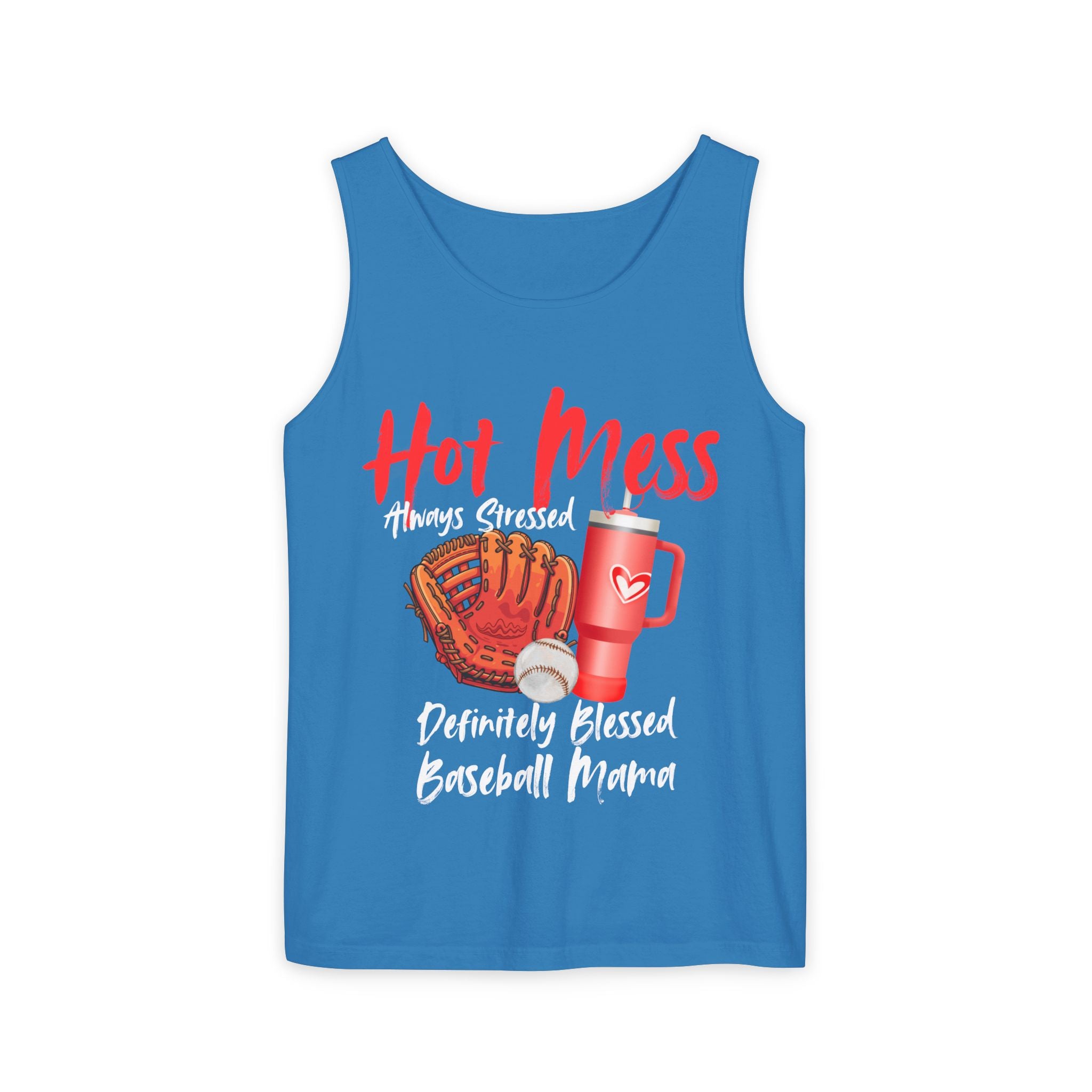Baseball Mama Tank Top — “Hot Mess, Always Stressed, Definitely Blessed” Graphic