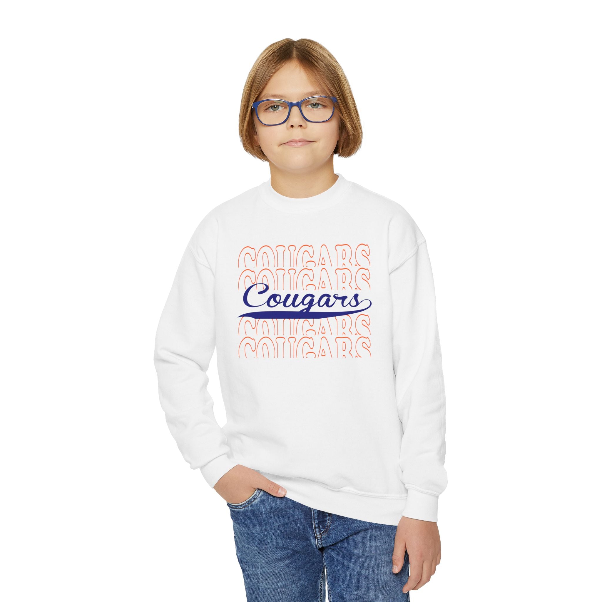 Youth Cougars Crewneck Sweatshirt — Retro Script School Team Pullover
