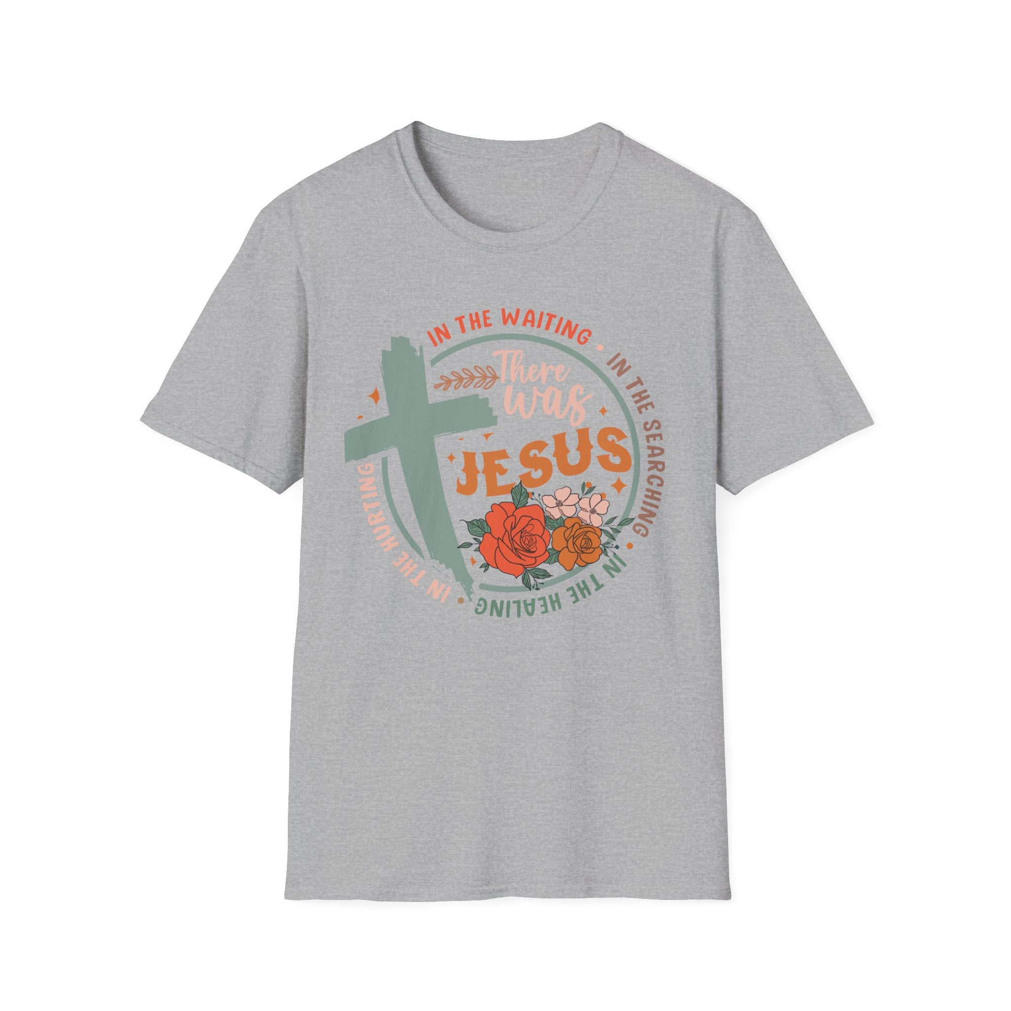 Faith T-Shirt — “In the Waiting There Was Jesus” Floral Cross Christian Tee
