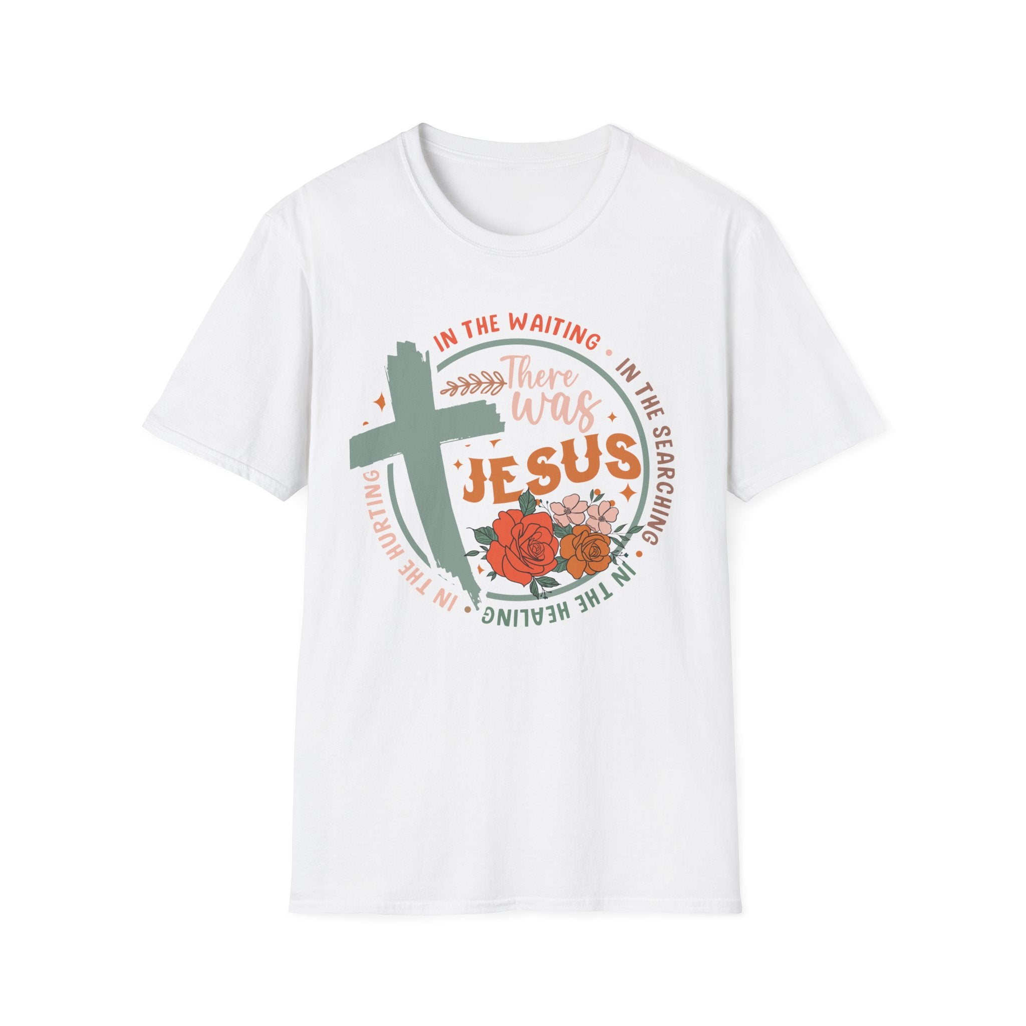 Faith T-Shirt — “In the Waiting There Was Jesus” Floral Cross Christian Tee