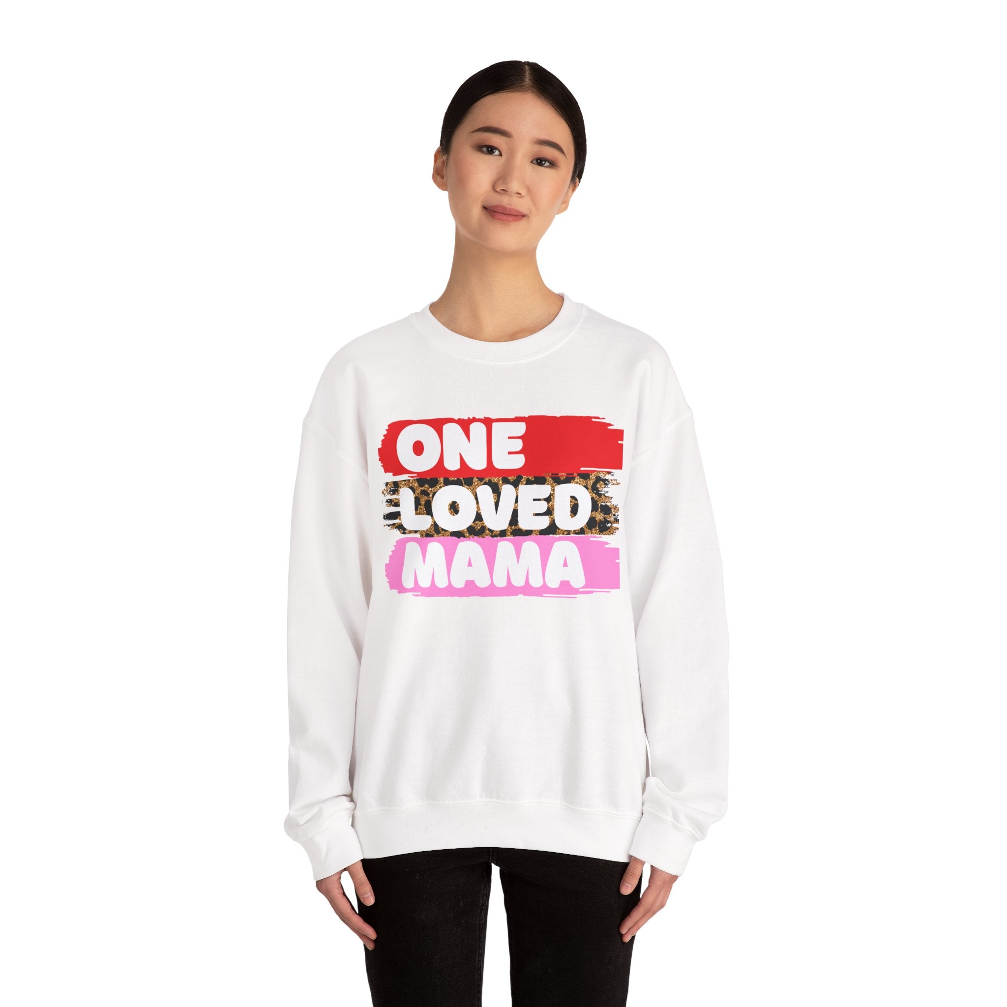 Crewneck Sweatshirt — "One Loved Mama" Colorblock Leopard Mother's Day Pullover